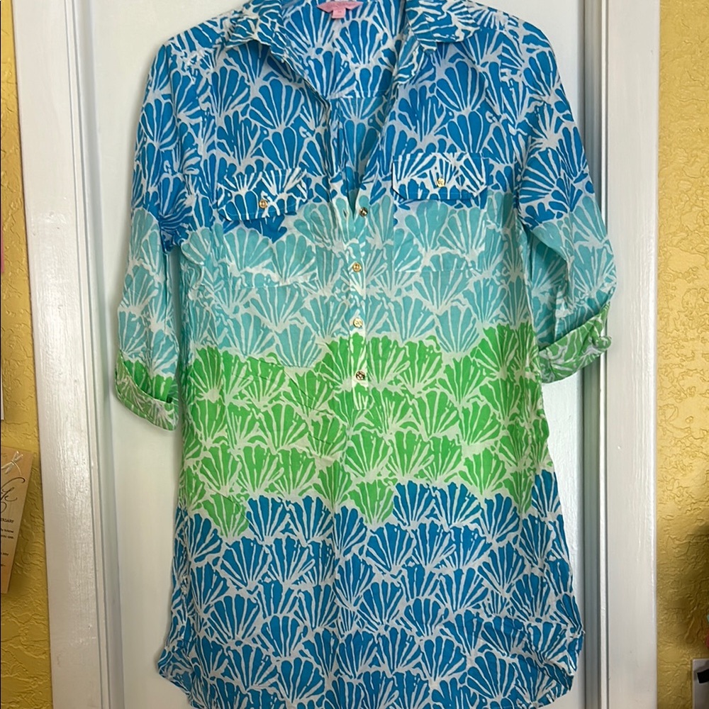 Lilly Pulitzer Blue and Green Patterned Button-Up cover up.